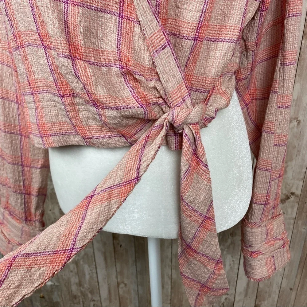 Free‎ People Running Wild Long Sleeve Plaid Wrap Top Size Large Women